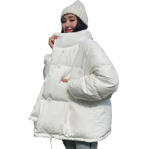Estilo coreano 2019 jaqueta de inverno das mulheres gola sólida preto branco feminino para baixo casaco solto oversized curto parka