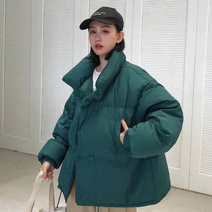 Estilo coreano 2019 jaqueta de inverno das mulheres gola sólida preto branco feminino para baixo casaco solto oversized curto parka